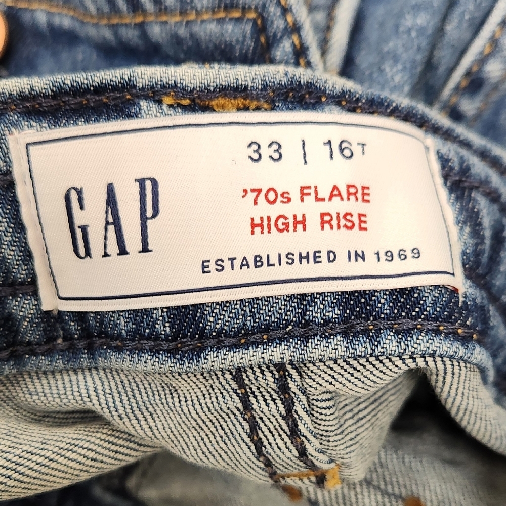 GAP 70s Flare High Rise Cotton Blend Denim Light Wash Jeans. 33/ 16 Tall - Picture 13 of 14